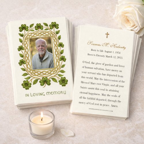 Irish Shamrock Gold Funeral Memorial Prayer Card