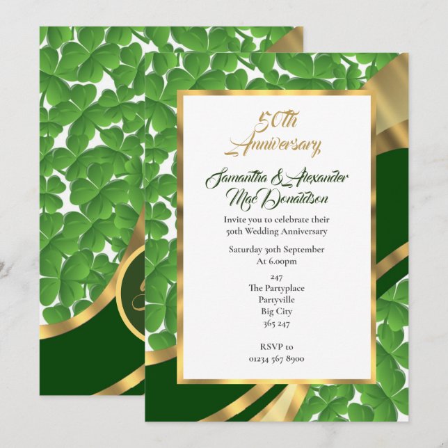 Irish shamrock golden wedding anniversary invitation (Front/Back)