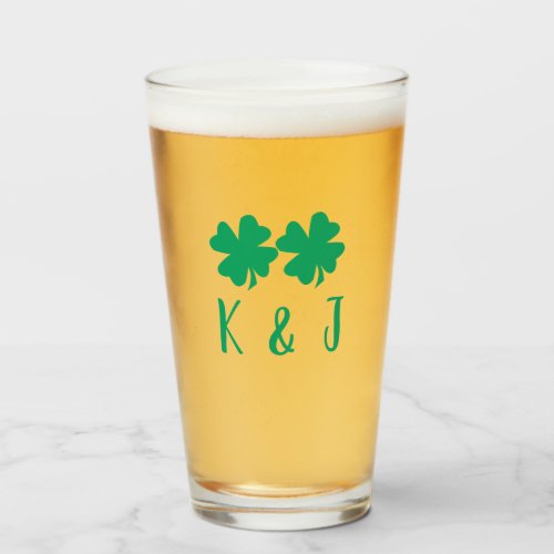 Irish Shamrock Green Clover Monogram Couple Name Glass