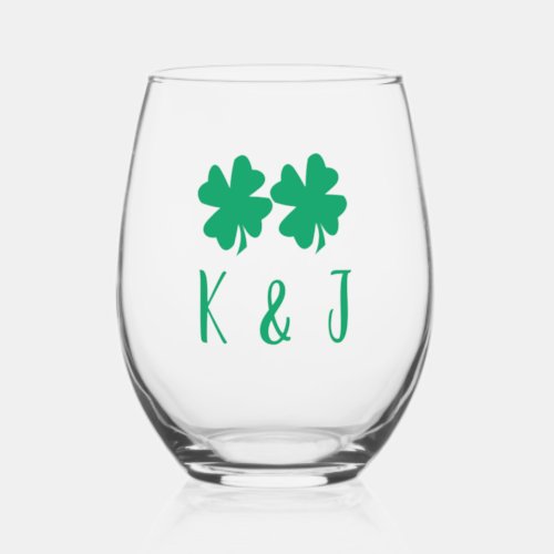 Irish Shamrock Green Clover Monogram Couple Name Stemless Wine Glass