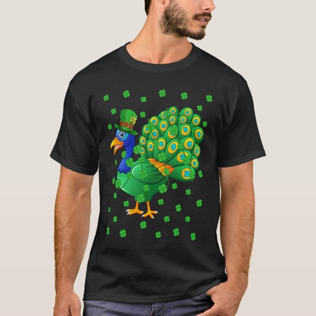Irish Shamrock Leprechaun Peacock Bird St Patrick' T-Shirt (Front)