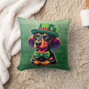 Irish Shamrock Lucky Dachshund Dog Patricks Day Throw Pillow