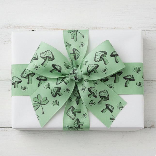 Irish Shamrock Mushrooms Hearts Pattern Grosgrain Ribbon (Happy St Patrick's Day Ribbon. Mushroom Green Clovers Shamrocks Hearts Pattern for Irish Holiday)