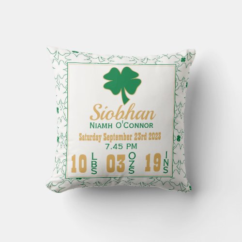 Irish Shamrock New Baby Birth Stats Throw Pillow