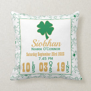 Irish Shamrock New Baby Birth Stats Throw Pillow