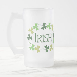 Irish Shamrock Oval Frosted Glass Beer Mug