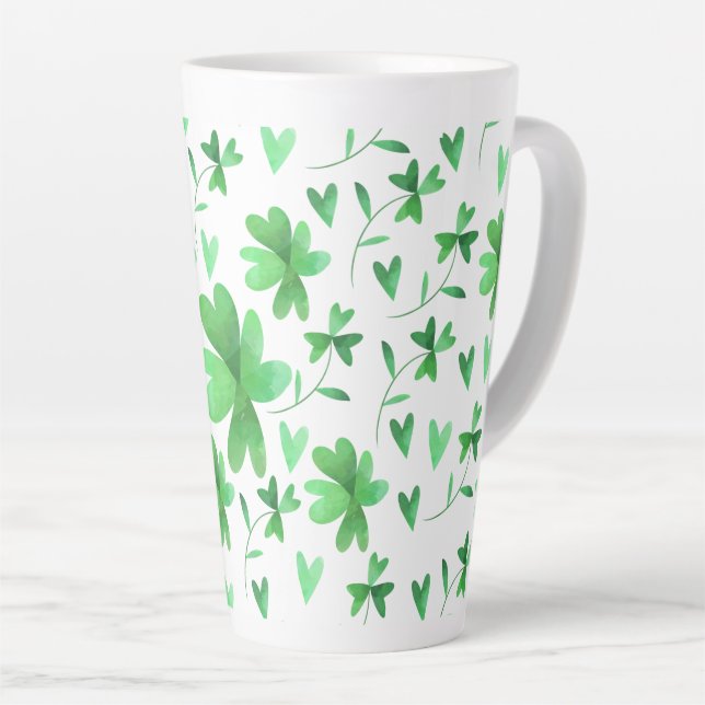 Irish Shamrock Pattern Green and White Latte Mug (Right Angle)