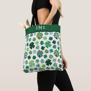 Irish Shamrock Pattern Triple Monogram Tote Bag