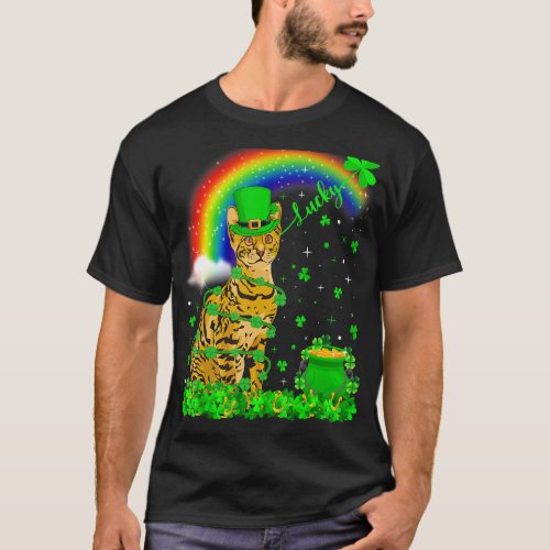 Irish Shamrock Rainbow Lucky Bengal Cat St Patrick T_Shirt