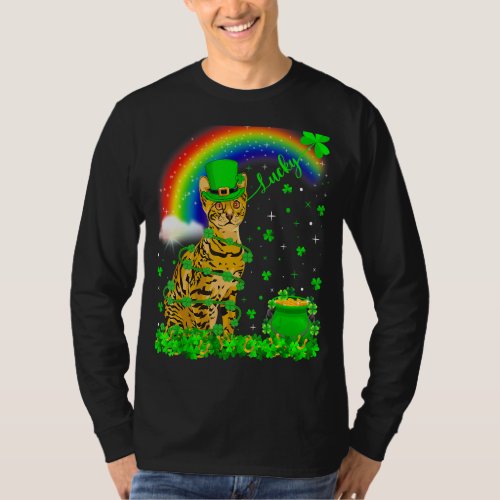 Irish Shamrock Rainbow Lucky Bengal Cat St Patrick T_Shirt