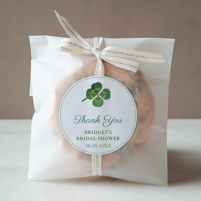 Irish Shamrock St Patricks Day Bridal Shower Favor Classic Round Sticker (Thank You Favor Sticker with a green watercolor Shamrock leaf. Perfect for a St Patrick's Day Party.)