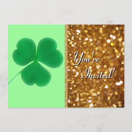 Irish Shamrock St. Patrick's Day Gold Glitter Invitation