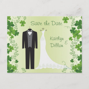 Irish Shamrock, tuxedo, wedding gown Save the Date Announcement Postcard