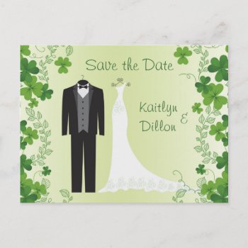 Irish Shamrock  Tuxedo  Wedding Gown Save The Date Announcement Postcard by IrinaFraser at Zazzle