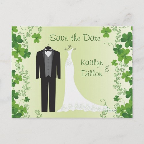 Irish Shamrock tuxedo wedding gown Save the Date Announcement Postcard