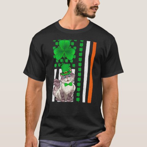 Irish Shamrock Vintage American Flag Cat St Patric T_Shirt