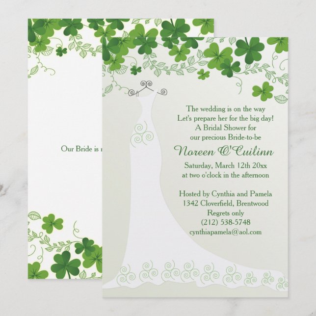 Irish shamrock, wedding gown Bridal Shower Invitat Invitation (Front/Back)