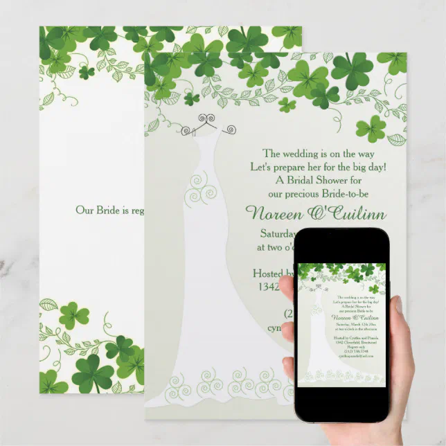 Irish Shamrock, Wedding Gown Bridal Shower Invitation Zazzle