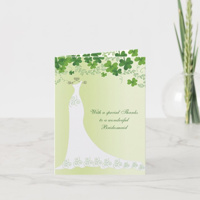 Irish Shamrock, wedding gown Bridesmaid Thank you Card (Front)