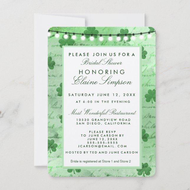 Irish shamrocks and string lights invitation (Front)