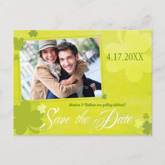 Irish Shamrocks Photo Wedding Save the Date Announcement Postcard (Front)