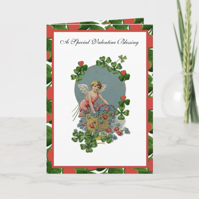 Irish Shamrocks Vintage Angel Roses Scripture Holiday Card (Front)