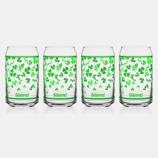 Irish Sláinte Lucky Shamrocks Design Personalized Can Glass (Front)
