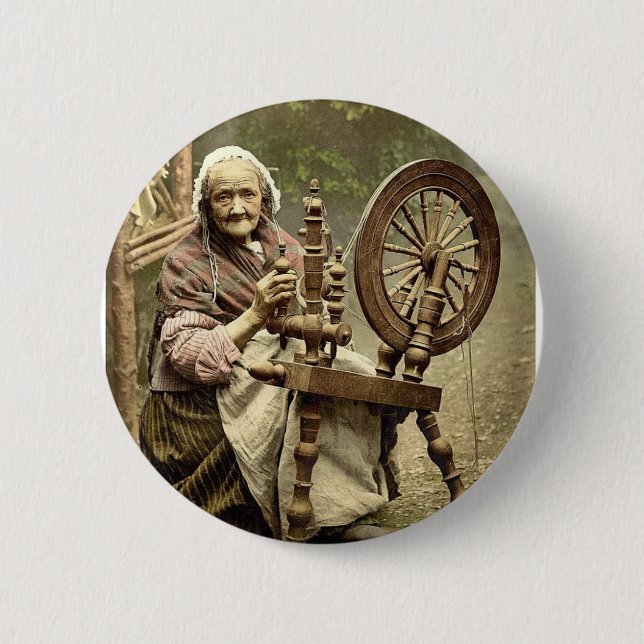 Irish Spinner and Spinning Wheel. Co. Galway, Irel Pinback Button (Front)