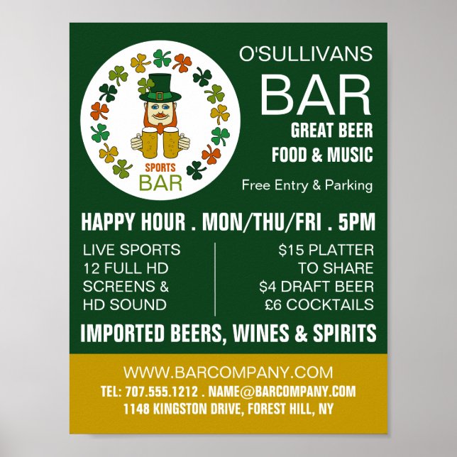 Irish Sports Bar, Pub/Brewery Advertising Poster (Front)
