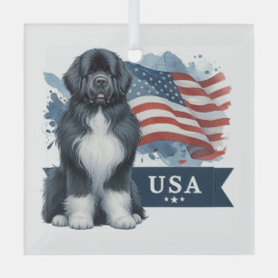 Irish Spot Newfie Patriotic Square Glass Ornament