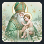 Irish St. Patrick baby Jesus Floral Christmas Square Sticker<br><div class="desc">This beautifully crafted pastel Christmas sticker features St. Patrick holding the Baby Jesus, surrounded by delicate snowflakes with white and green florals. Dressed in traditional green bishop's robes with golden details, St. Patrick cradles the Holy Infant in a serene winter scene, symbolizing the love and joy of the Christmas season....</div>
