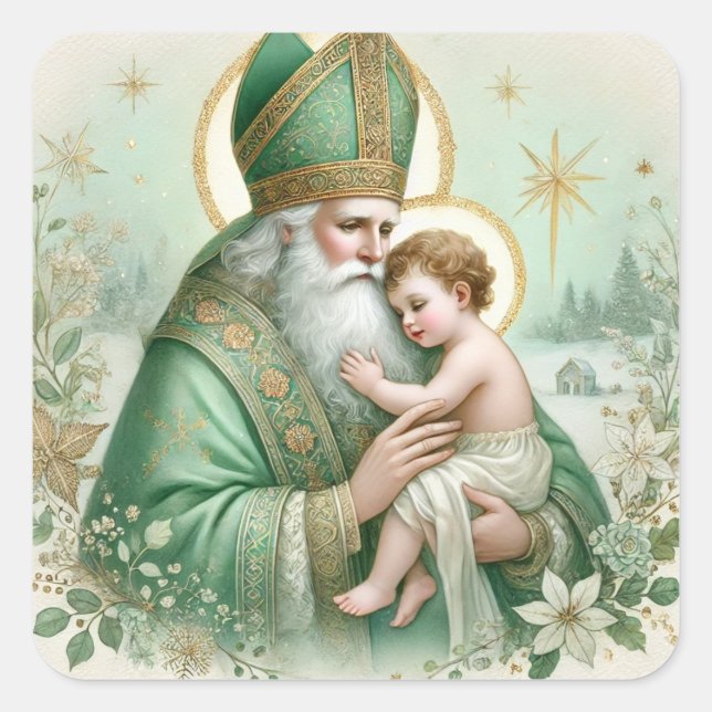 Irish St. Patrick baby Jesus Floral Christmas Square Sticker (Front)