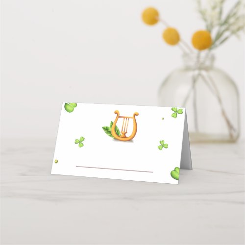 Irish St Patricks golden harp and green clovers Place Card