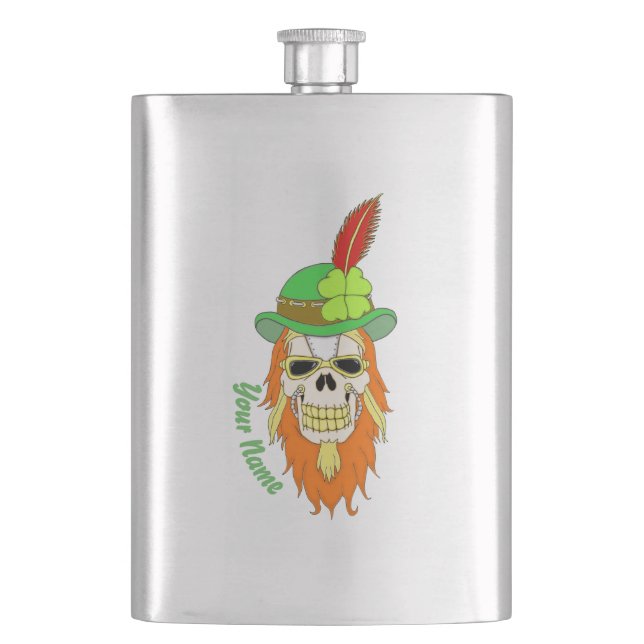 Irish Steampunk Shamrock Skull Hip Flask (Front)