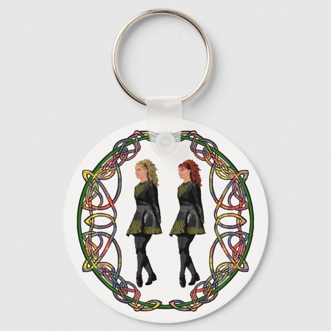 Irish Step Dancers in Celtic Knotwork Surround Keychain (Front)