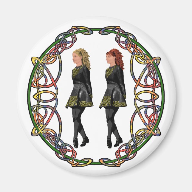 Irish Step Dancers in Celtic Knotwork Surround Magnet (Front)