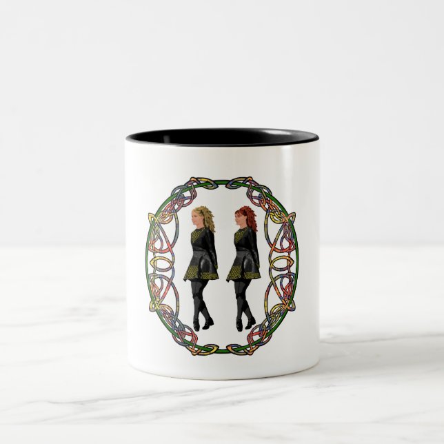 Irish Step Dancers in Celtic Knotwork Surround Two-Tone Coffee Mug (Center)