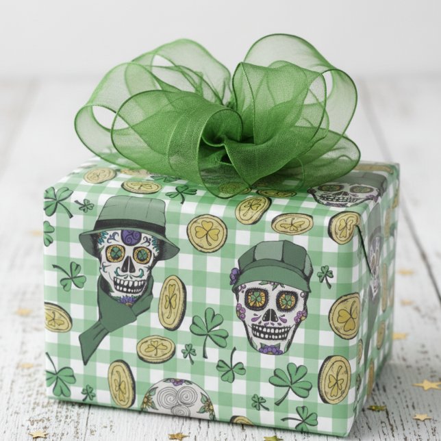 Irish Sugar Skull St Patrick's Day Wrapping Paper (Irish Wrapping Paper for Saint Patrick's Day. Modern Irish Sugar Skulls,  Lucky Shamrock, Gold Coins)