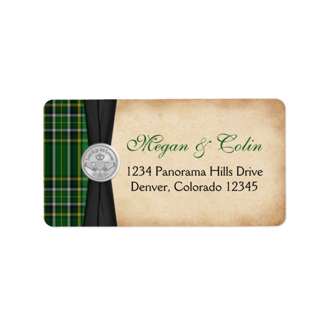 Irish Tartan Claddagh Wedding Return Address Label (Front)