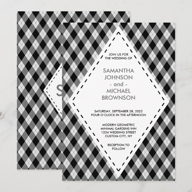 Irish Tartan Diamond Black Grey Wedding Invitation (Front/Back)