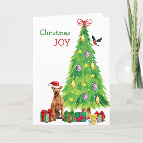Irish Terrier Dog Bird and Christmas Tree Holiday Card