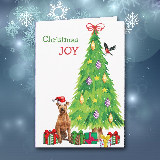 Irish Terrier Dog, Bird and Christmas Tree Holiday Card (Creator Uploaded)