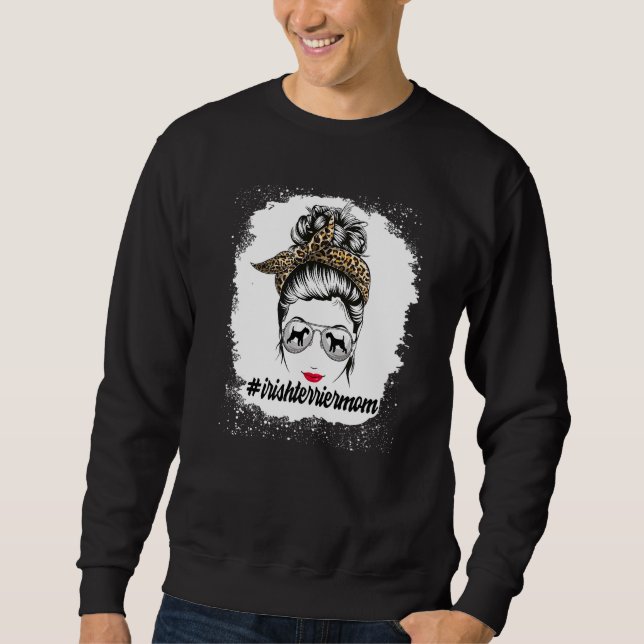 Irish Terrier Dog Mom Bleached Messy Bun Leopard W Sweatshirt (Front)