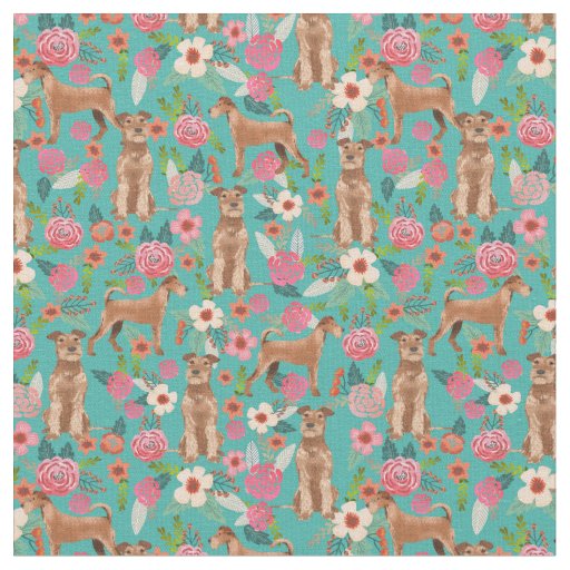 Irish terrier dogs vintage florals turquoise fabric