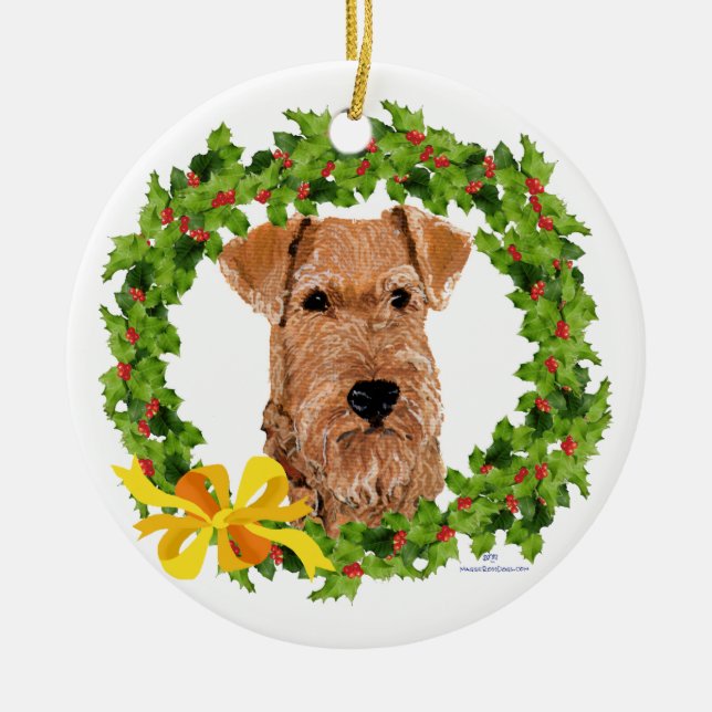 Irish Terrier Holly Wreath Ceramic Ornament (Front)