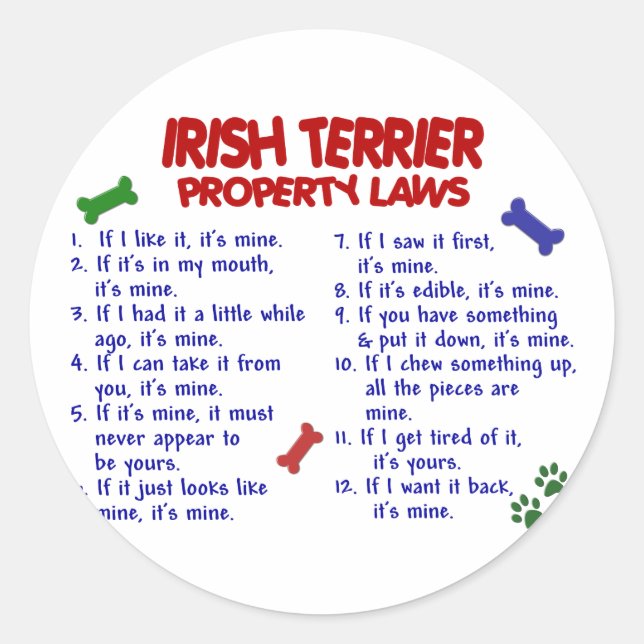 IRISH TERRIER Property Laws 2 Classic Round Sticker (Front)