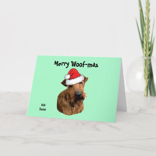 Irish Terrier with a Santa Hat   Holiday Card