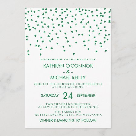 Irish Theme Wedding Shamrock Confetti On White Invitation