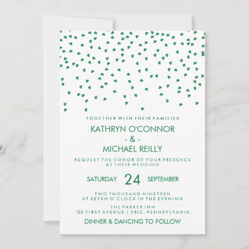 Irish Theme Wedding Shamrock Confetti on White Invitation
