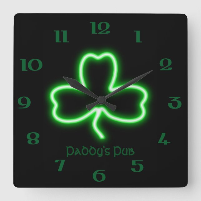 Irish themed Shamrock personalised Pub neon sign Square Wall Clock (Front)